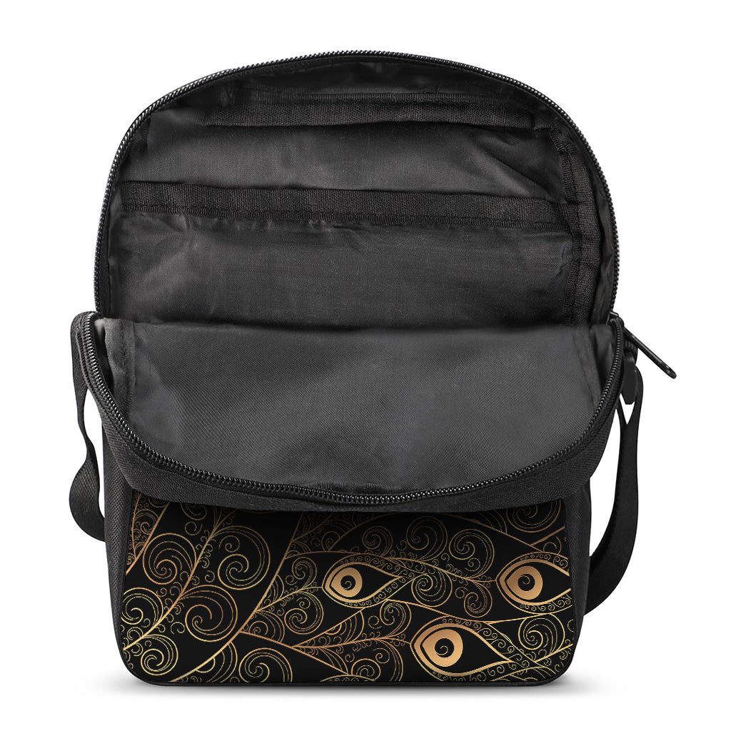 Black And Gold Peacock Feather Print Rectangular Crossbody Bag