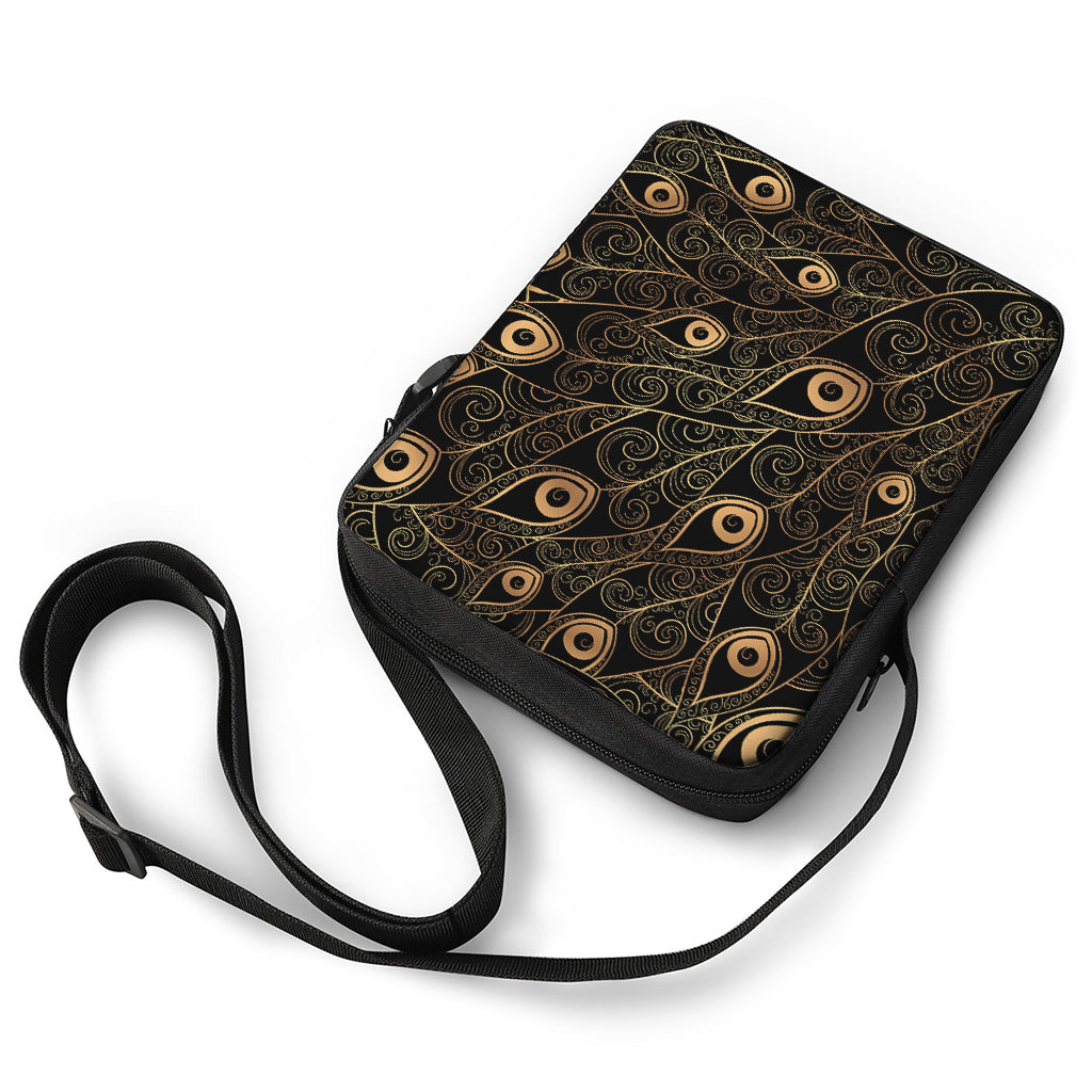 Black And Gold Peacock Feather Print Rectangular Crossbody Bag