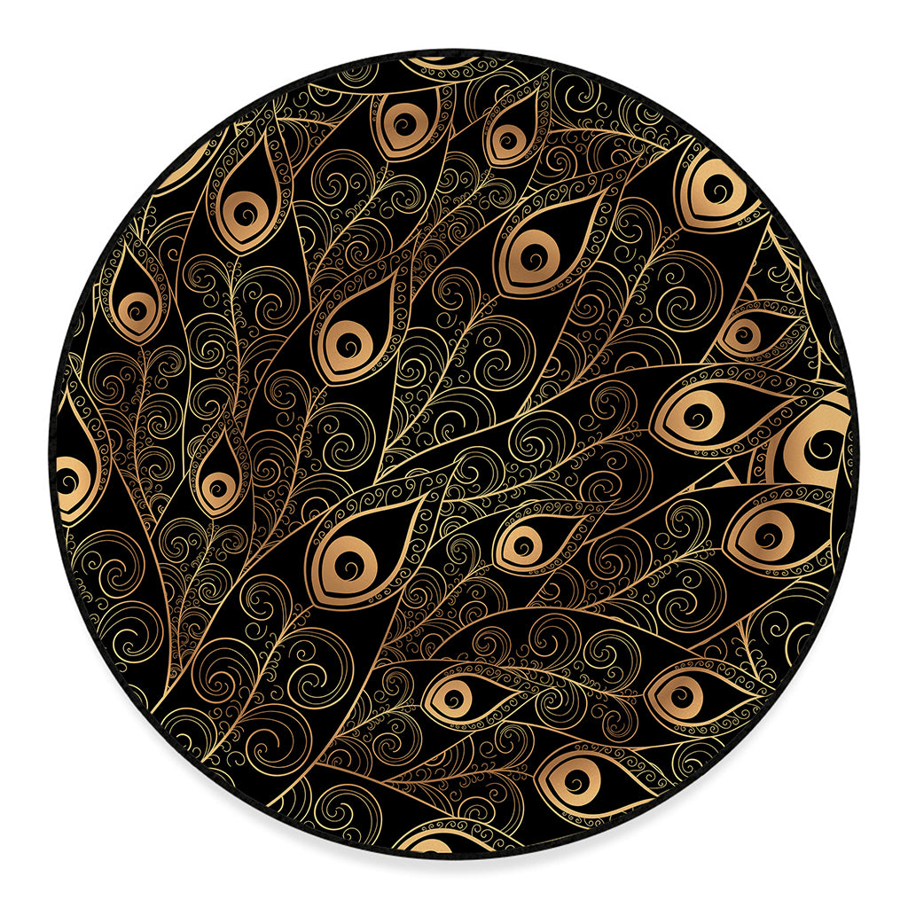 Black And Gold Peacock Feather Print Round Floor Mat