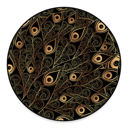 Black And Gold Peacock Feather Print Round Floor Mat
