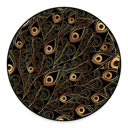 Black And Gold Peacock Feather Print Round Floor Mat