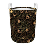 Black And Gold Peacock Feather Print Round Laundry Basket