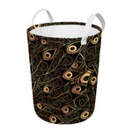 Black And Gold Peacock Feather Print Round Laundry Basket