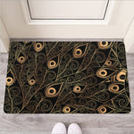 Black And Gold Peacock Feather Print Rubber Doormat
