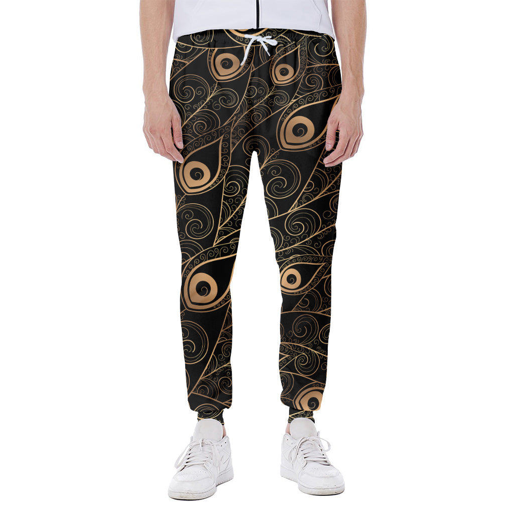 Black And Gold Peacock Feather Print Scuba Joggers