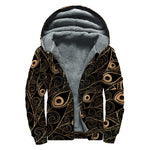 Black And Gold Peacock Feather Print Sherpa Lined Zip Up Hoodie