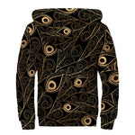 Black And Gold Peacock Feather Print Sherpa Lined Zip Up Hoodie