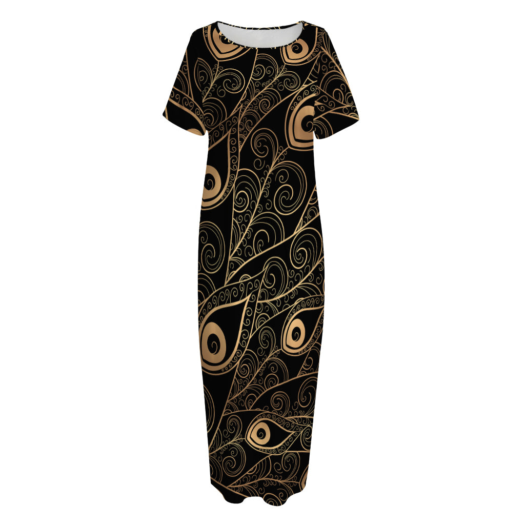 Black And Gold Peacock Feather Print Short Sleeve Long Nightdress