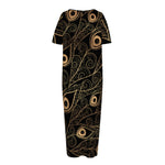 Black And Gold Peacock Feather Print Short Sleeve Long Nightdress