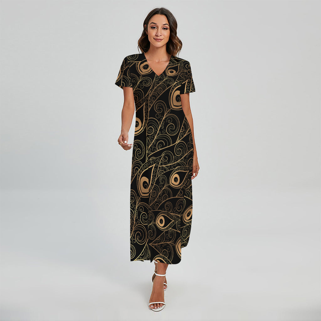 Black And Gold Peacock Feather Print Short Sleeve Maxi Dress