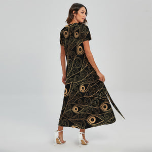 Black And Gold Peacock Feather Print Short Sleeve Maxi Dress