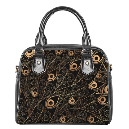 Black And Gold Peacock Feather Print Shoulder Handbag