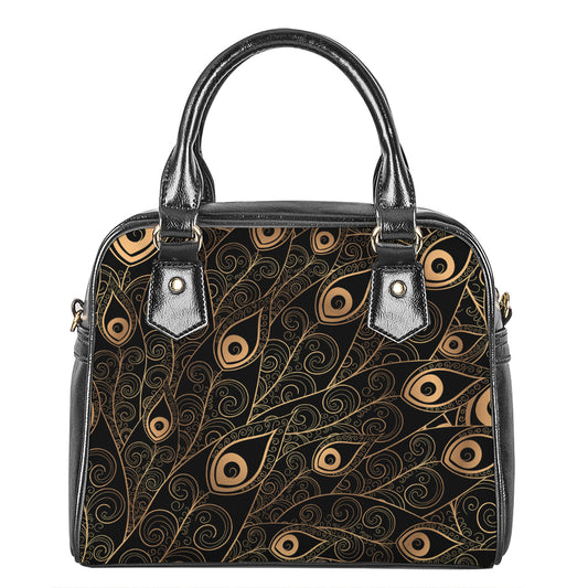 Black And Gold Peacock Feather Print Shoulder Handbag