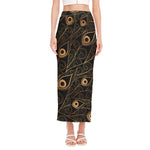 Black And Gold Peacock Feather Print Side Slit Maxi Skirt