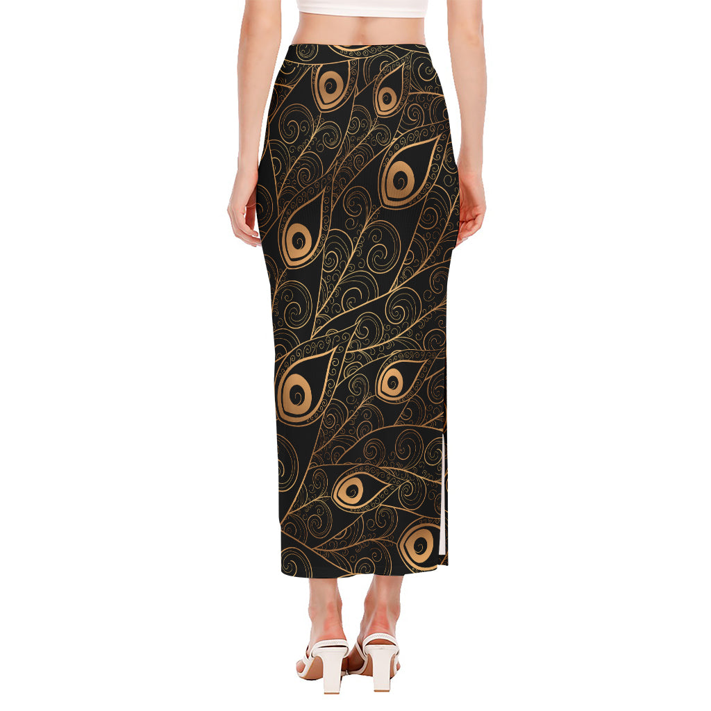 Black And Gold Peacock Feather Print Side Slit Maxi Skirt