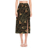 Black And Gold Peacock Feather Print Side Slit Midi Skirt