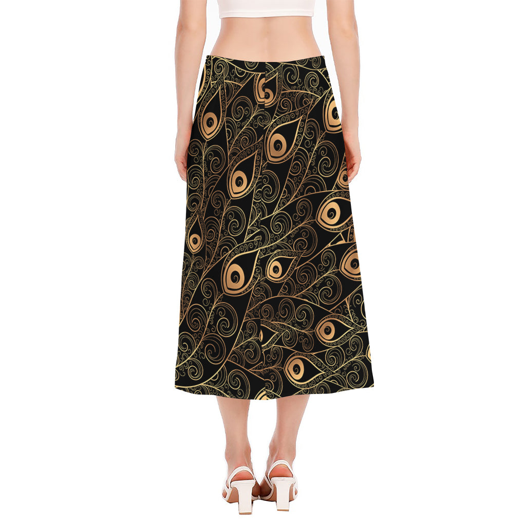 Black And Gold Peacock Feather Print Side Slit Midi Skirt