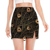 Black And Gold Peacock Feather Print Side Slit Mini Skirt