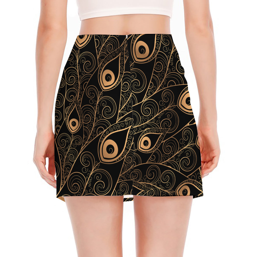 Black And Gold Peacock Feather Print Side Slit Mini Skirt