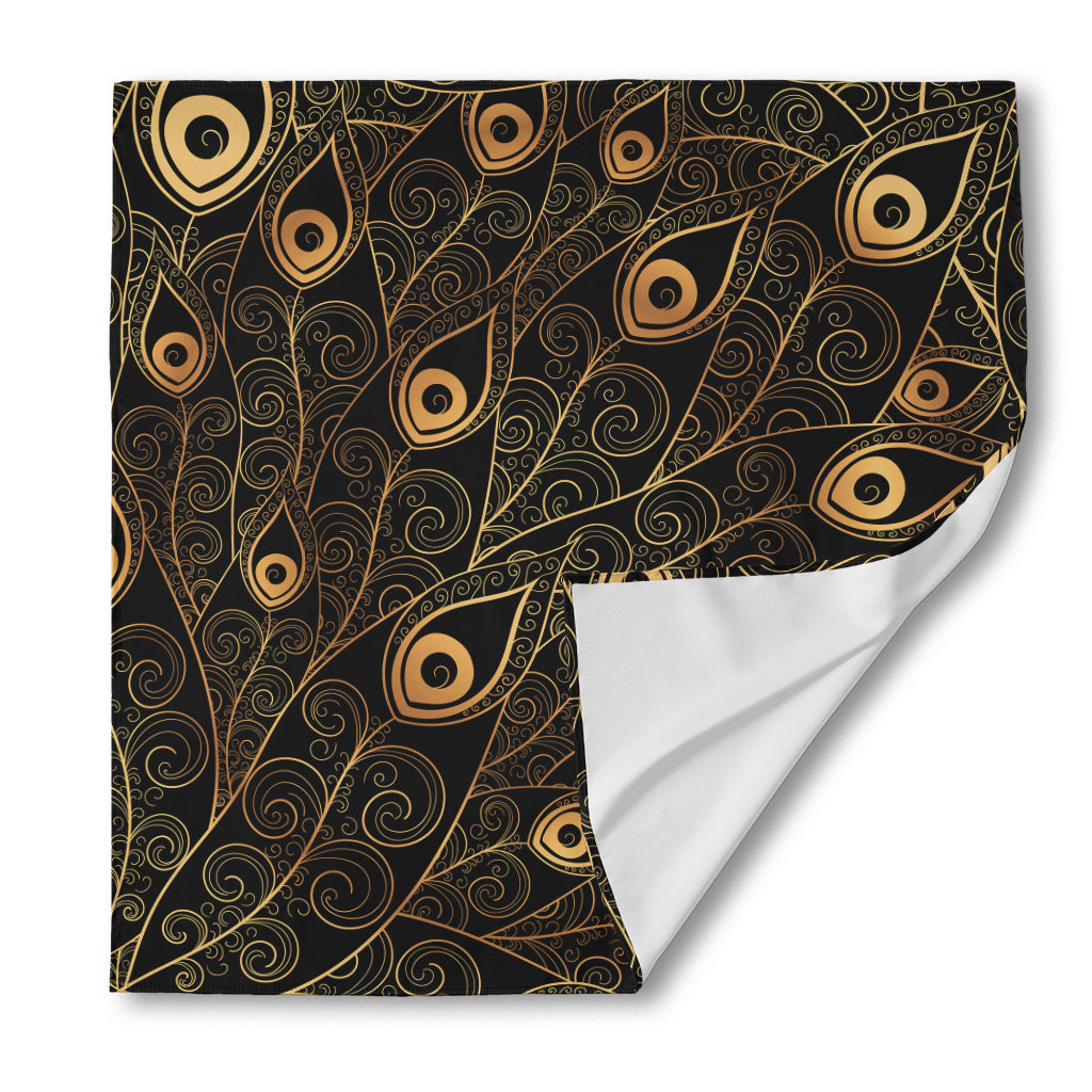 Black And Gold Peacock Feather Print Silk Bandana