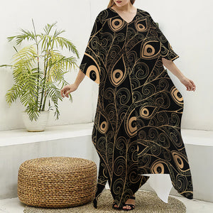 Black And Gold Peacock Feather Print Silk V-Neck Kaftan Dress