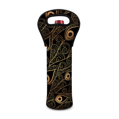 Black And Gold Peacock Feather Print Single Neoprene Wine Tote