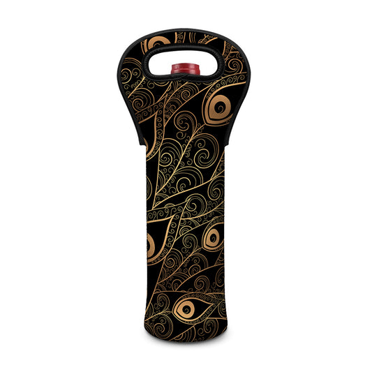 Black And Gold Peacock Feather Print Single Neoprene Wine Tote