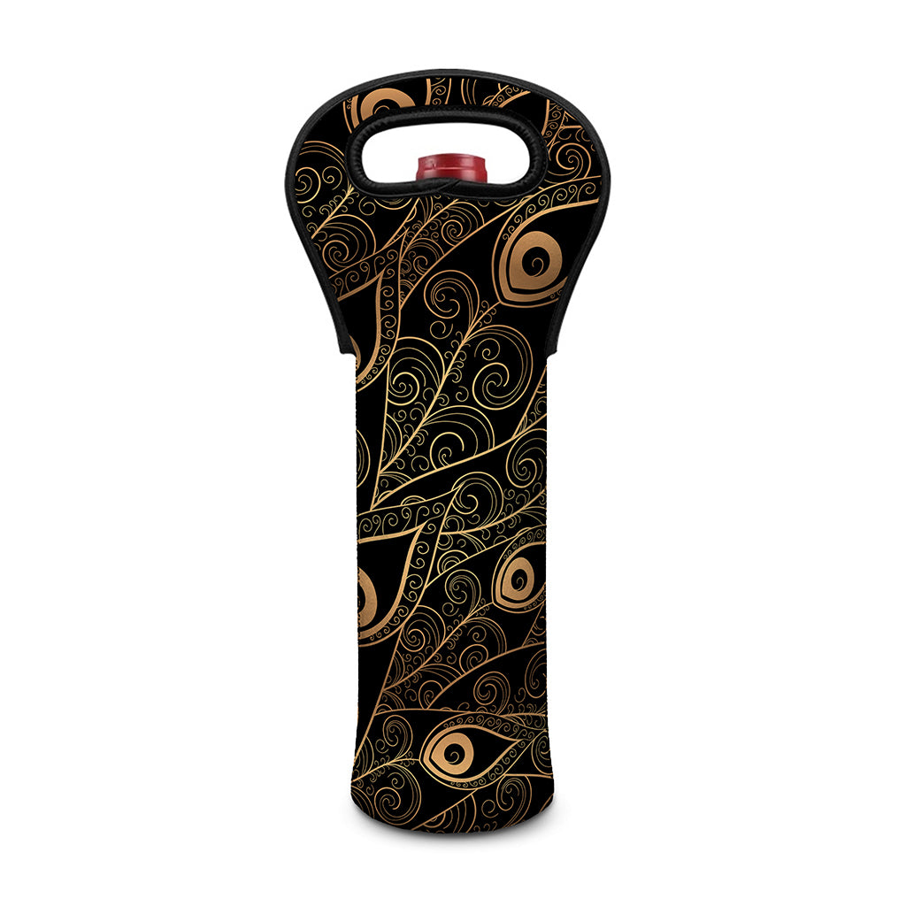 Black And Gold Peacock Feather Print Single Neoprene Wine Tote