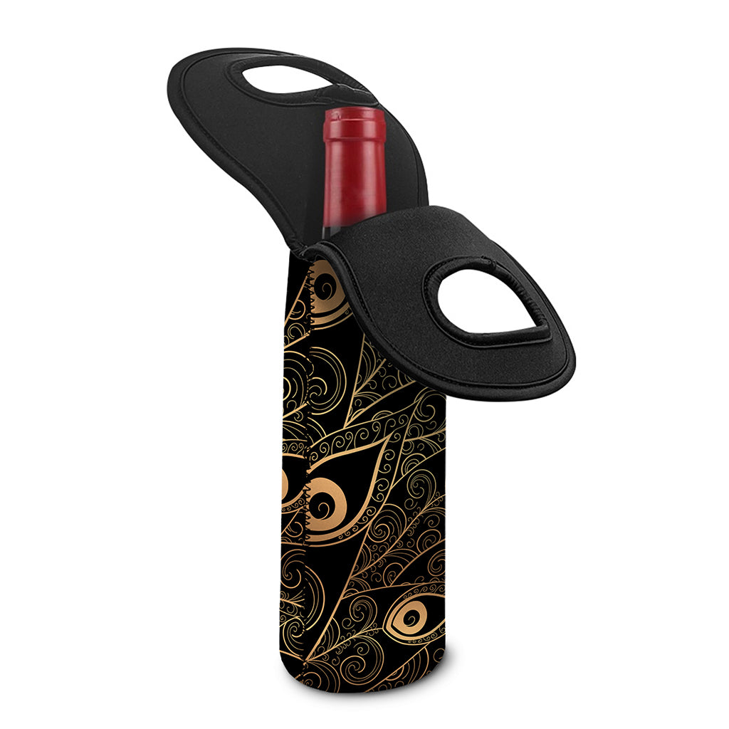 Black And Gold Peacock Feather Print Single Neoprene Wine Tote