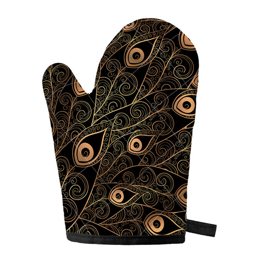 Black And Gold Peacock Feather Print Single Oven Mitt