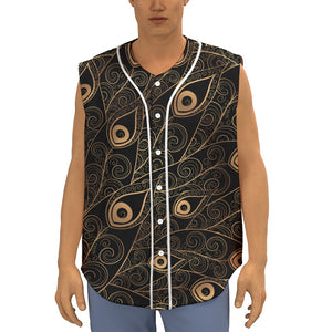 Black And Gold Peacock Feather Print Sleeveless Baseball Jersey