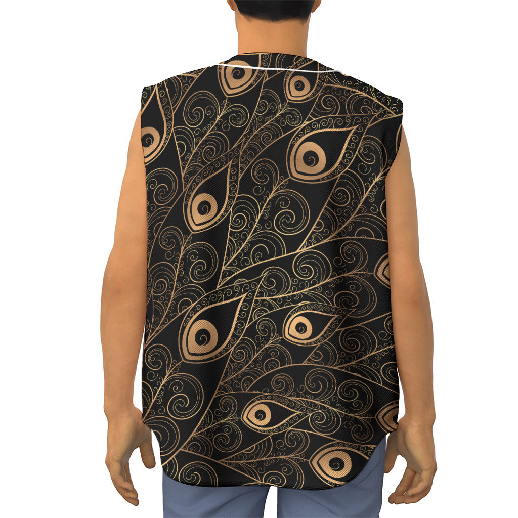 Black And Gold Peacock Feather Print Sleeveless Baseball Jersey