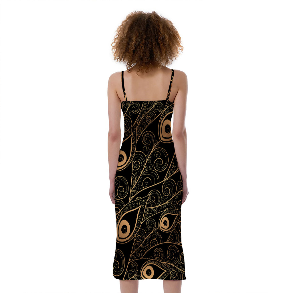 Black And Gold Peacock Feather Print Slim Fit Midi Cami Dress