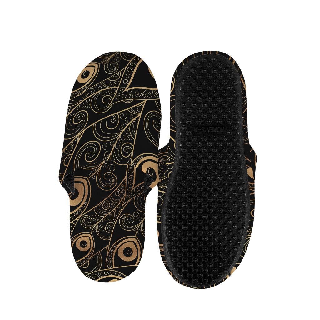 Black And Gold Peacock Feather Print Slippers