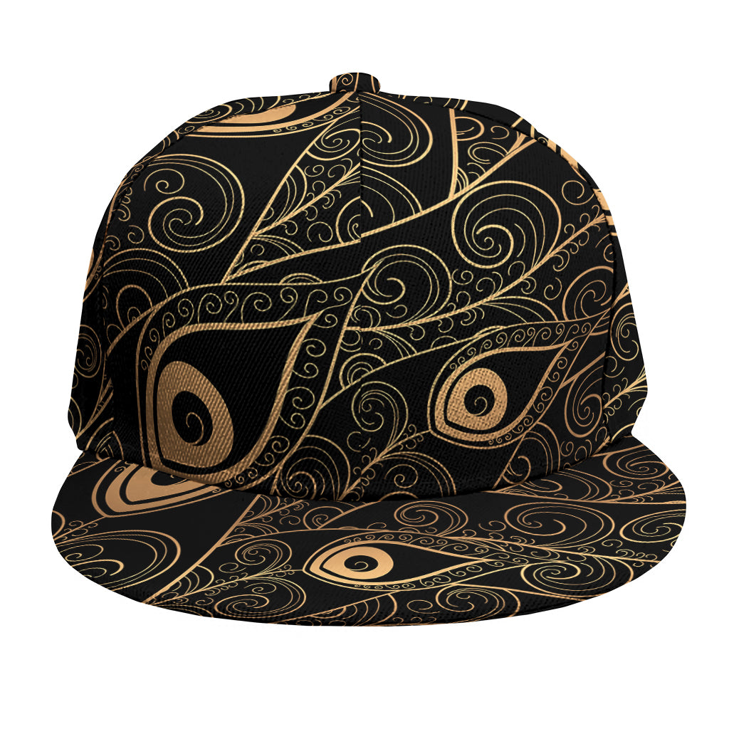 Black And Gold Peacock Feather Print Snapback Cap