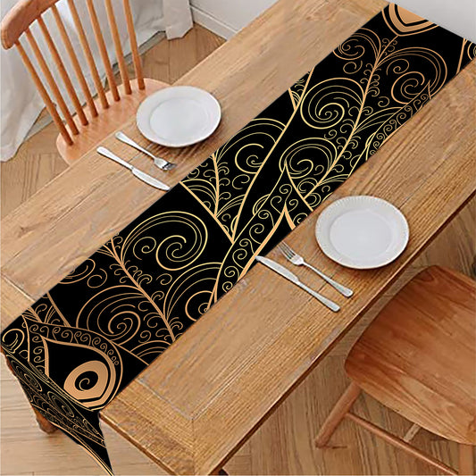 Black And Gold Peacock Feather Print Table Runner