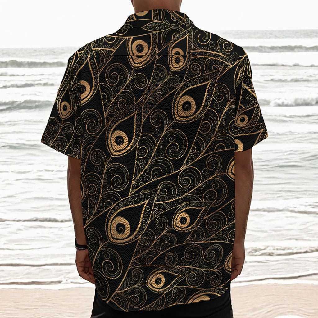 Black And Gold Peacock Feather Print Textured Short Sleeve Shirt