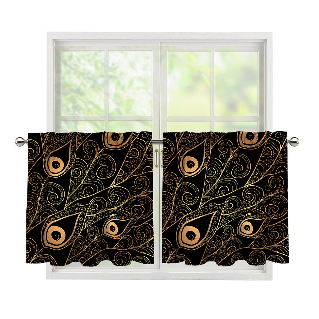 Black And Gold Peacock Feather Print Tier Curtains