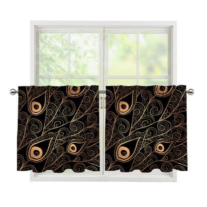 Black And Gold Peacock Feather Print Tier Curtains