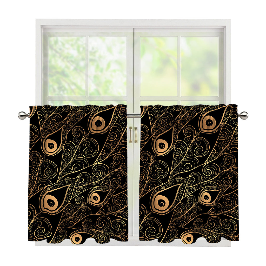 Black And Gold Peacock Feather Print Tier Curtains