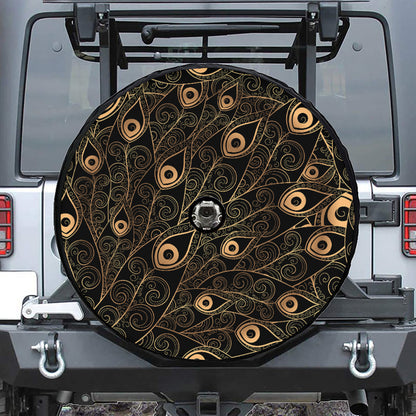 Black And Gold Peacock Feather Print Tire Cover With Camera Hole