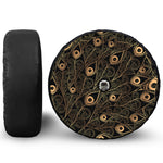 Black And Gold Peacock Feather Print Tire Cover With Camera Hole