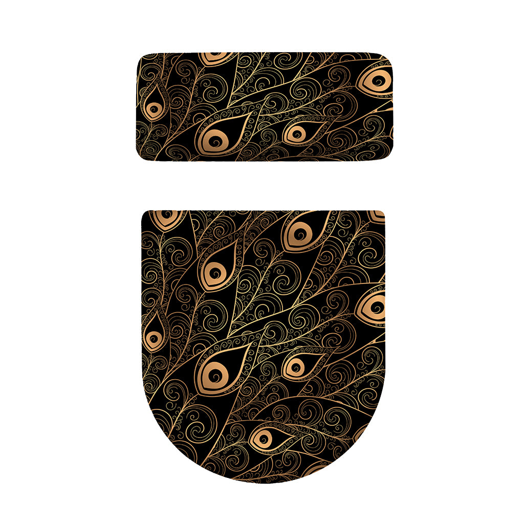 Black And Gold Peacock Feather Print Toilet Lid And Tank Cover Set