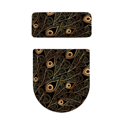 Black And Gold Peacock Feather Print Toilet Lid And Tank Cover Set