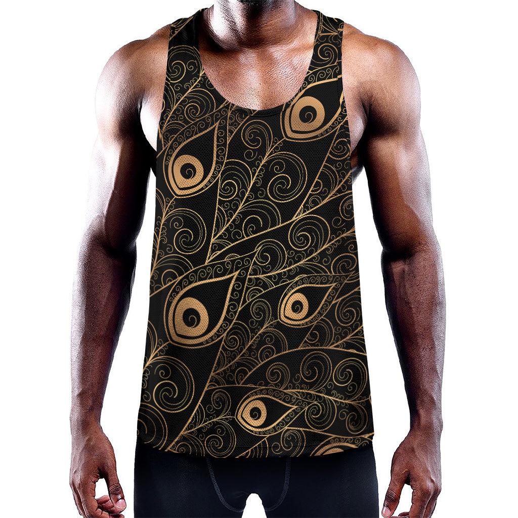 Black And Gold Peacock Feather Print Training Tank Top