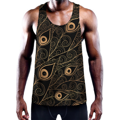 Black And Gold Peacock Feather Print Training Tank Top
