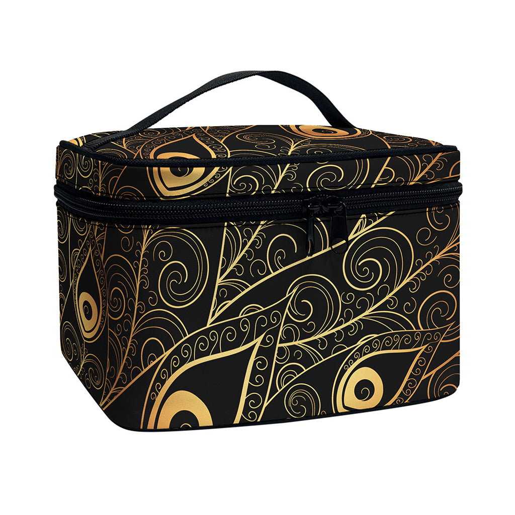 Black And Gold Peacock Feather Print Travel Makeup Bag