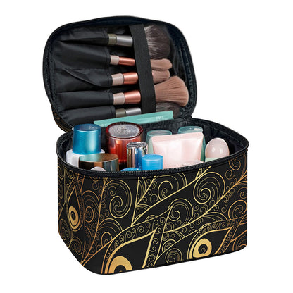 Black And Gold Peacock Feather Print Travel Makeup Bag