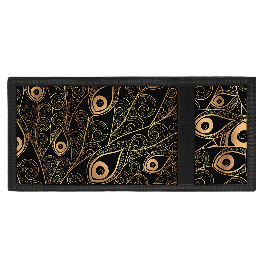Black And Gold Peacock Feather Print Trifold Wallet
