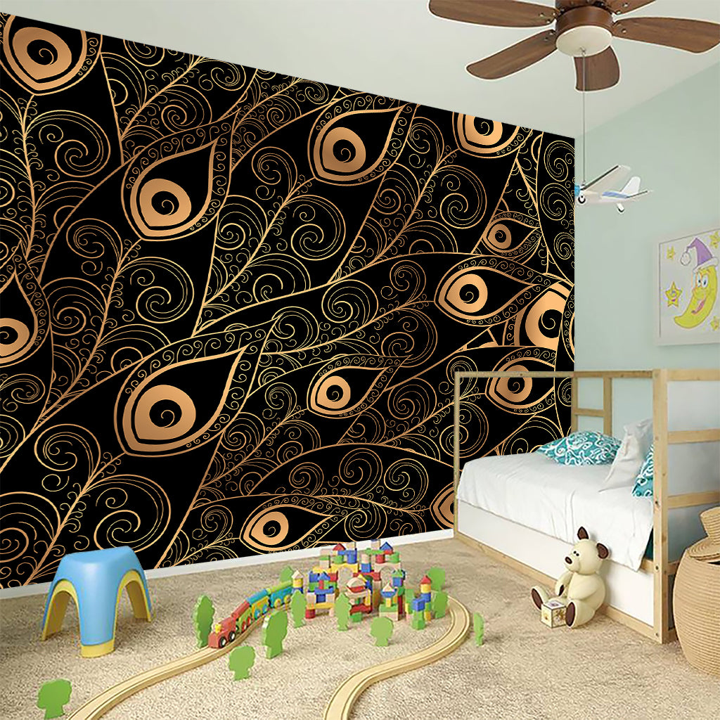 Black And Gold Peacock Feather Print Wall Sticker